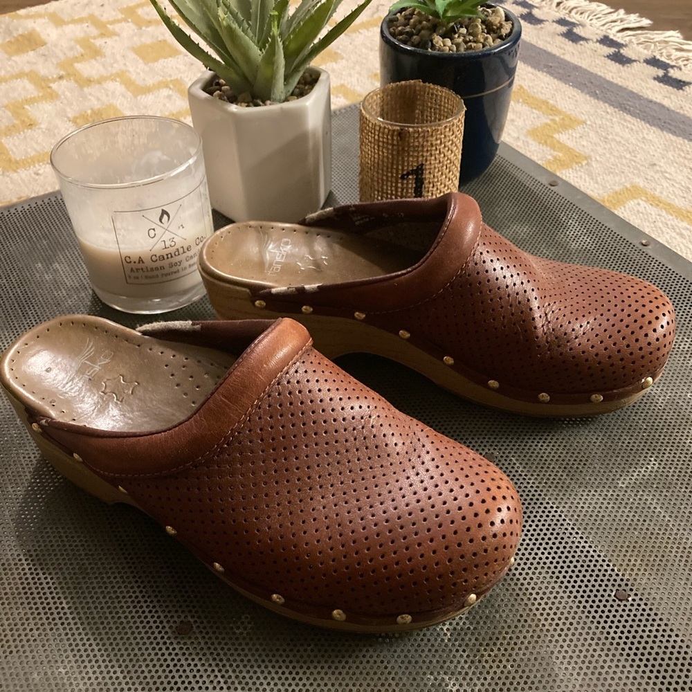 Dansko Perforated Cognac Leather Clogs
